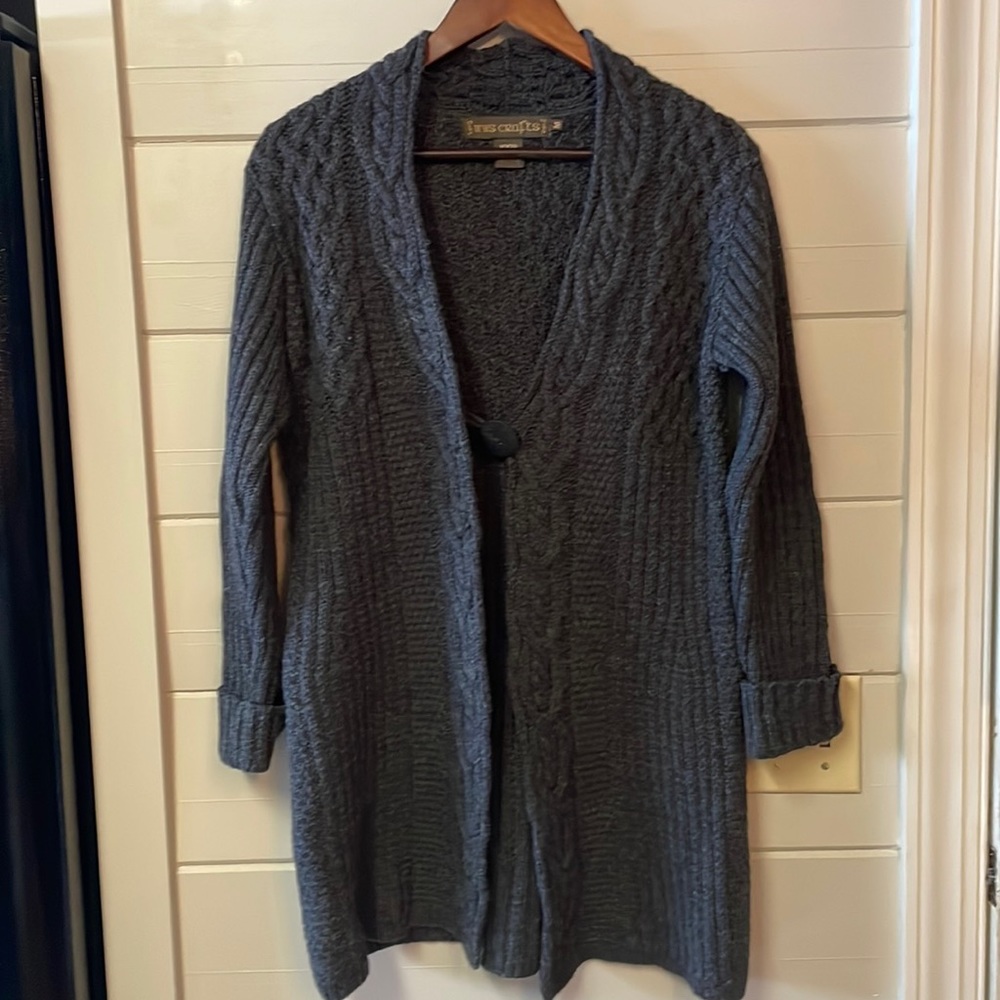 Inis Crafts 100% Merino Wool Gray Open Cardigan Ireland Made Knit  Size M.